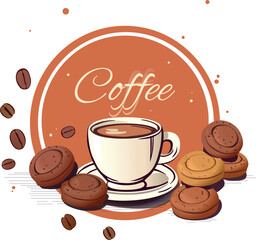 Cup of coffee with buns in a circle, vector image with place for your text, transparent background