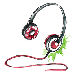 DJ headphones.Black headphones with an arc and hot pink pads with a long pink cord on an acid green blot.Watercolor freehand illustration on a white background