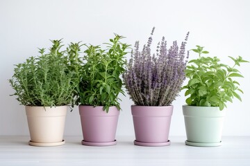 Aromatic Herbs in Pots - Lavender, Rosemary, Basil, Mint on White