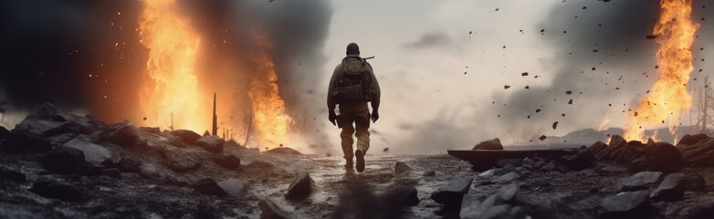 Soldier in full army uniform in a warfare environment, The combat zone, Carrying out its mission for the army, War concept