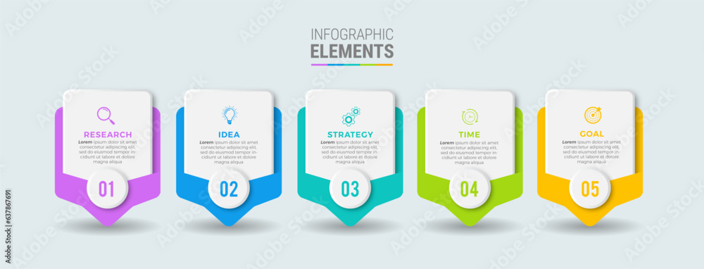 Sticker Concept with 5 steps in a row. Six colorful graphic elements. Timeline design for flyers, presentations. Infographic design layout