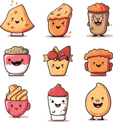 collection of cartoon food characters cute simple on white