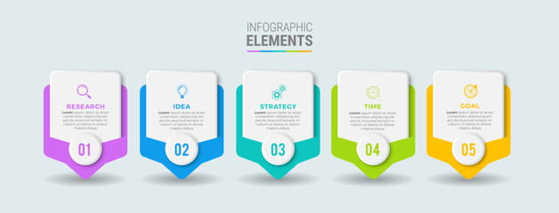 Concept with 5 steps in a row. Six colorful graphic elements. Timeline design for flyers, presentations. Infographic design layout