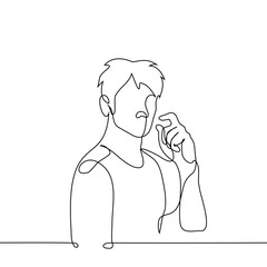 man showing small space between thumb and forefinger - one line art vector. the concept of showing a small amount or small size of something