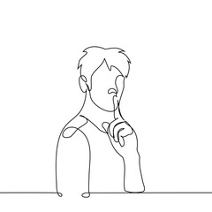 man put his finger to his mouth - one line art vector. concept of silence, call for silence, boycott, ignoring, hushing up, keeping secret
