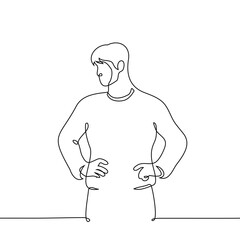 man stands with his hands on his hips and looks to the side - one line art vector. concept to observe, contemplate