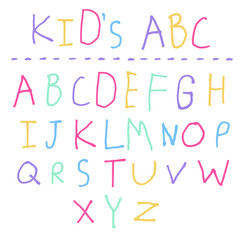 Hand drawn by small kid letters English ABC. Cartoon primitive child alphabet in simple doodle style