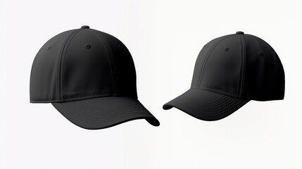 Set of black front and side view hat baseball cap on white background.