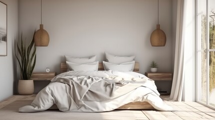 Bedroom interior with wooden floor and white bed, Beige blanket and basket and wicker lamp on wall.