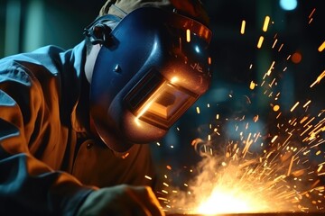 Man welds at the factory, Welder with sparks.