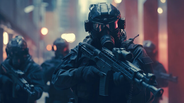 High-Tech SWAT Soldiers Patrolling Cyberpunk Metropolis