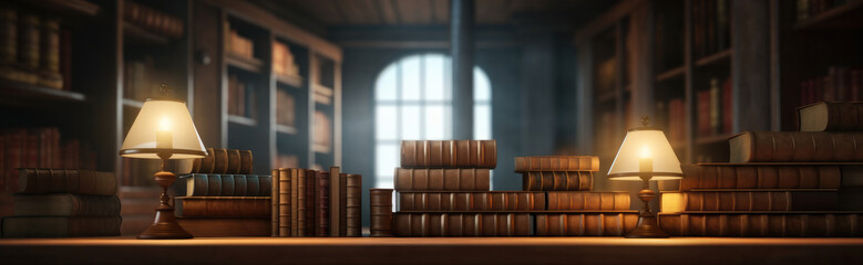 Stack of antique books on old wooden table at old vintage library.