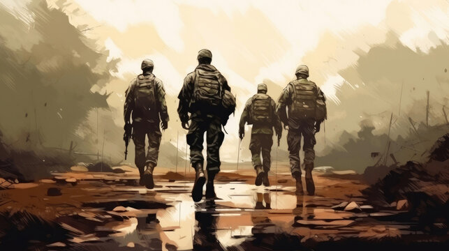 Back Shot of American Troops in Uniforms on Muddy Road