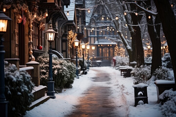 Fototapeta premium City winter snowy street decorated with luminous garlands and lanterns for christmas, urban preparations for new year