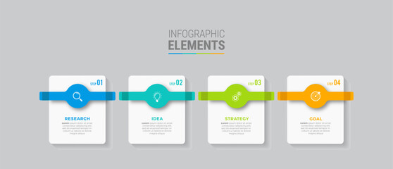 Concept with 4 steps in a row. Six colorful graphic elements. Timeline design for flyers, presentations. Infographic design layout