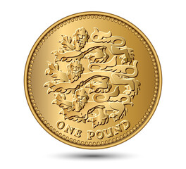 British One pound coin with three lions. Vector illustration.