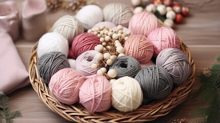 Obraz na płótnie Canvas Yarn balls wooden knitting needles hook balls