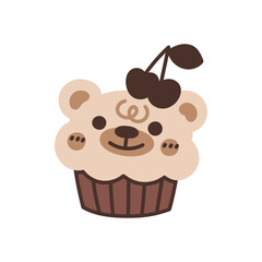Bear cupcake. Sweet chocolate muffin. Choco dessert decorated cherry berries. Flat vector illustration isolated on white background