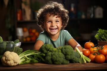 Fototapeta premium Happy child looking at box full of vegetables on kitchen table.