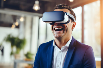 Portrait of smiling man wearing Virtual Reality glasses.