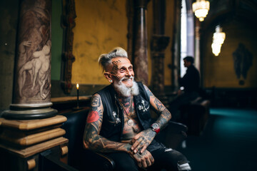 smiling old tattooed fashion man with bold hair smoking a cigarette in a church.
