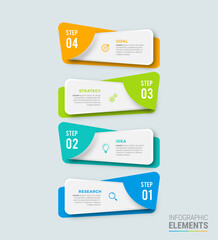 Concept with 4 steps in a row. Six colorful graphic elements. Timeline design for flyers, presentations. Infographic design layout