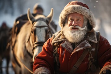 Obraz premium a happy and cheerful Santa Claus standing by a sleighs in North Pole