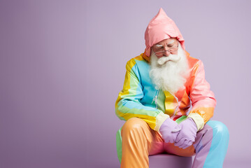 Sad and tired Santa Claus in rainbow costume. Christmas. Clean empty pastel background. Generative Ai.