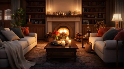 Poster A cozy living room is aglow with the warmth of a crackling fireplace. Friends and family gather around, sharing stories and laughter. © CanvasPixelDreams