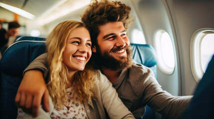 Fototapeta premium Joyful Air Travel: Smiling Couple on an Adventure