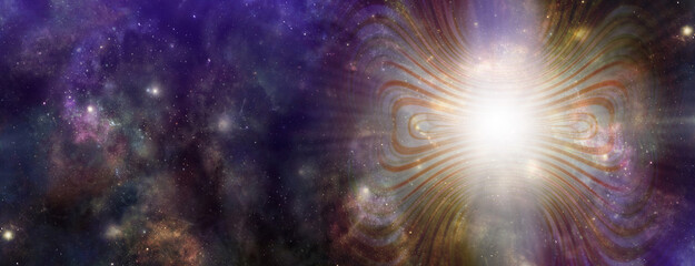 Energy Wave Phenomenon In Deep Space Concept Background - massive beautiful  reverberating energy light frequency wave on right side radiating out into deep space   
