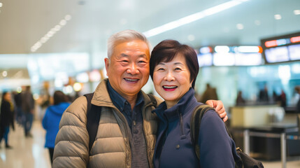 Fototapeta premium Joyful Asian Elderly Pair Sharing Smiles at the Terminal