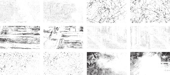 Obraz premium Overlay textures set stamp with grunge effect. Old damage Dirty grainy and scratches. Set of different distressed black grain texture. Distress overlay vector textures. 