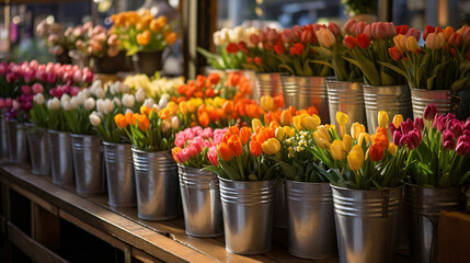 Fototapeta na wymiar Tulip market stall flower bouquets in metal buckets