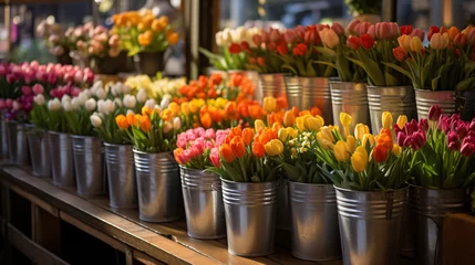 Fotobehang Tulip market stall flower bouquets in metal buckets © UsamaR