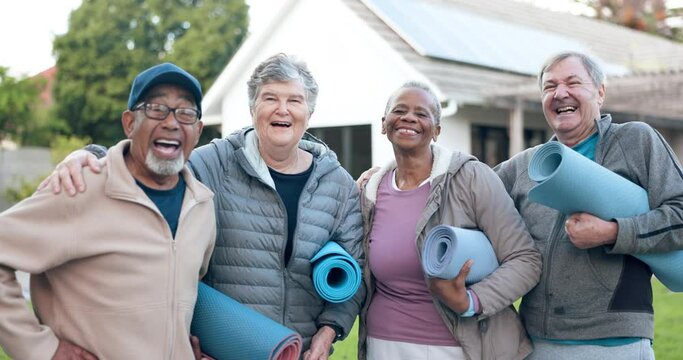 Face, happy or senior friends in fitness training together for health, wellness or exercise in retirement. Women, mature men or proud old people in park ready for group yoga workout with support