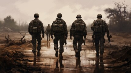 Illustration of back view crop group of soldiers. AI generative. - Powered by Adobe