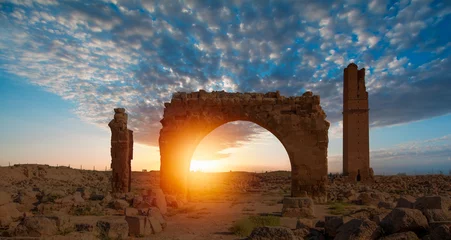 Foto op Plexiglas Oud gebouw Ruins of the ancient city of Harran - Urfa , Turkey (Mesopotamia) at amazing sunset - Old astronomy tower