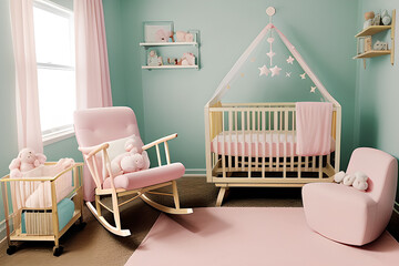 baby room with a crib, rocking chair and star ornaments