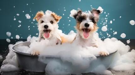 Joyful terrier dog in bathtub full of soap foam. AI generative