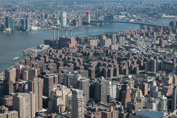 East Harlem (Spanish Harlem or El Barrio) neighborhood of Upper Manhattan, East river, aerial view, East Side, New York, USA