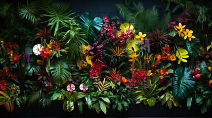 Obraz na płótnie Canvas Many brightly colored tropical plants are on a black wall. AI generative.