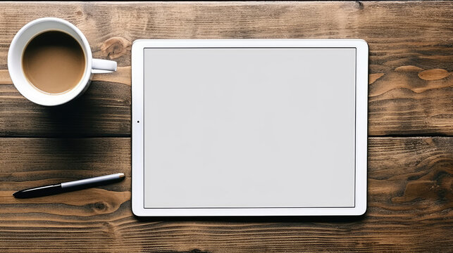 Illustration of a workspace with a tablet, stylus and cup of coffee on a wooden desk in a minimalist style. Top view. For banners, covers and other projects about working in the office.