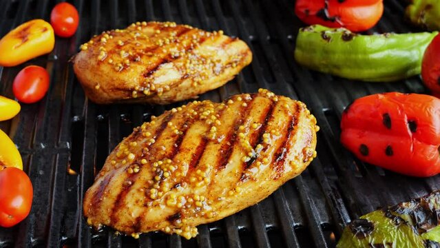 grilled chicken breast fillet on grill, barbecue, with sweet pepper, hot cast iron grate. dijon mustard. close up. outdoor. Picnic