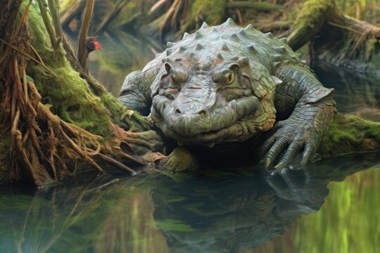 alligator snapping turtle camouflaged in a swamp