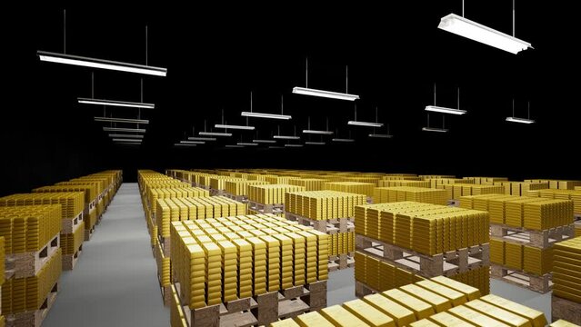 4K vault gold brick multi-angle 3D rendering animation
