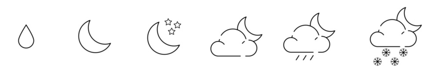 Weather icons in line style. Weather line icon set isolated. Clouds logo and sign, vector illustration. Weather forecast - outline web icon set, Simple Thin line icons collection.