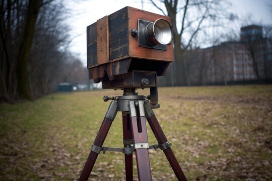 pinhole camera with open shutter on tripod