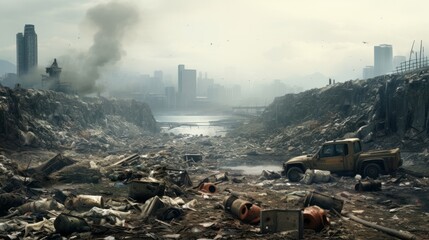 Photo of a city dump concept of ecology catastrophe. AI generative