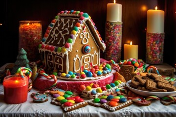 decorated gingerbread house surrounded by holiday treats